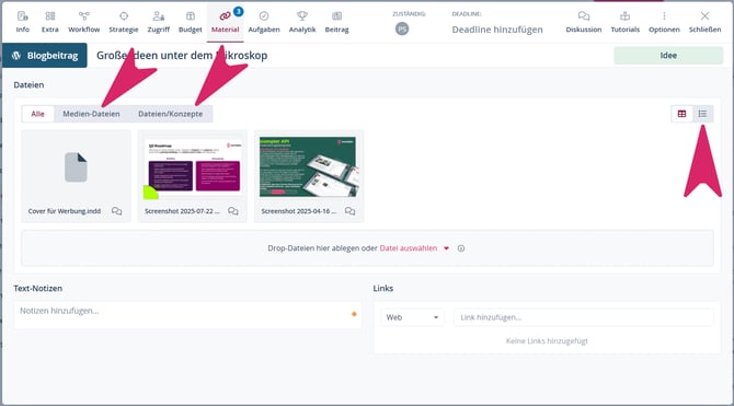 Materialreiter sortieren