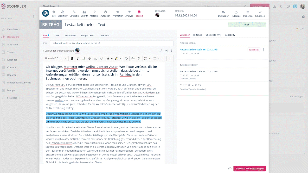 Textcheck in der Beitragskarte